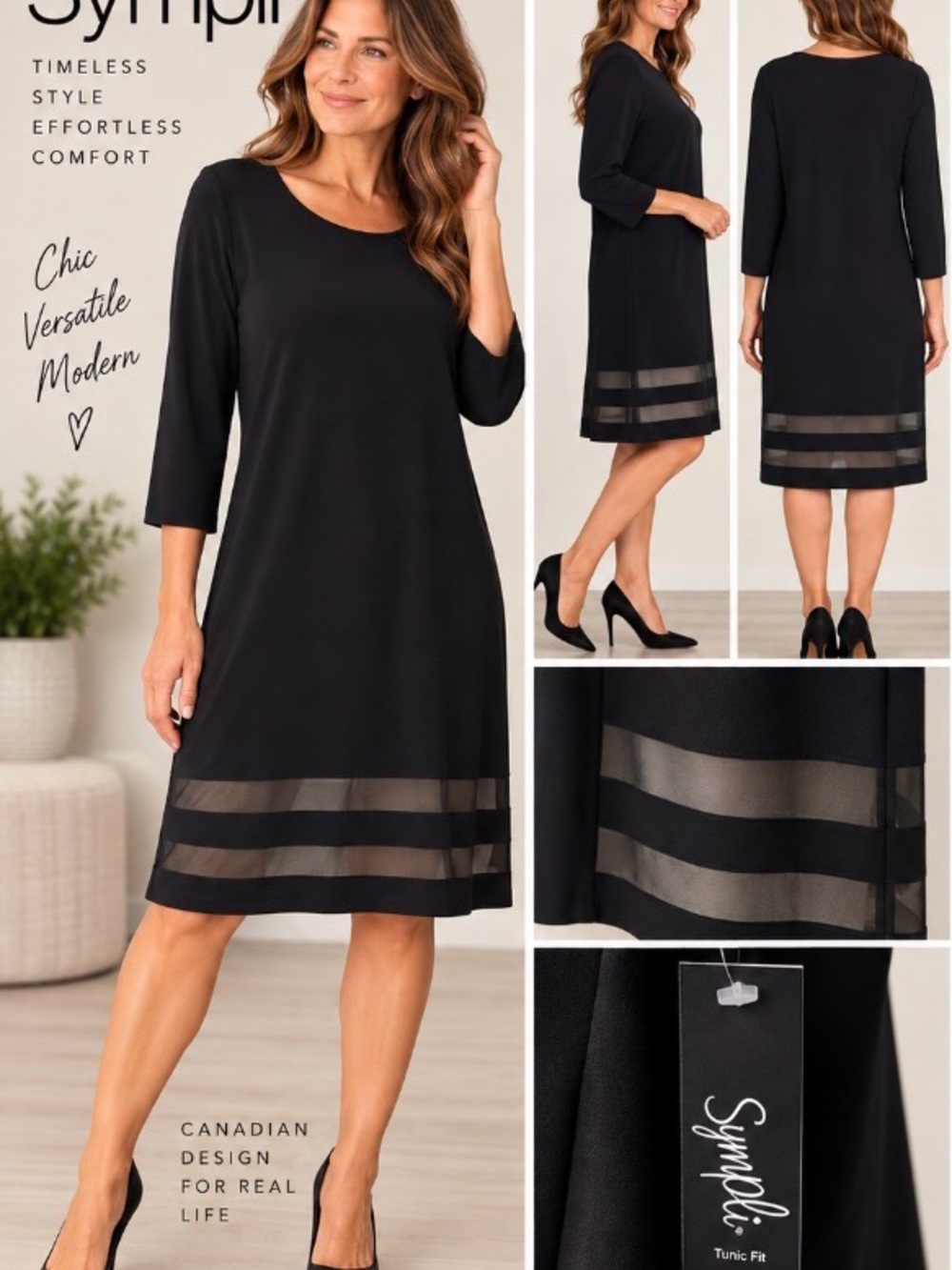NWT Sympli Mix Stripe Black Dress Sheer Hem 3/4 Sleeve Size 14